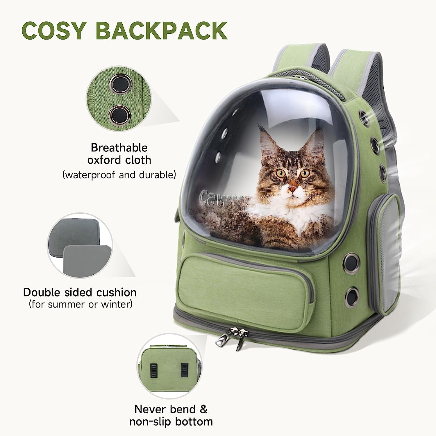 Cat Backpack Carrier, Breathable Cat Carrier Foldable Bubble Backpack for Kitty to Medium Cat Small Dog up to 15Lbs Travel Hiking Transparent Pet Carrier - Green image number 6