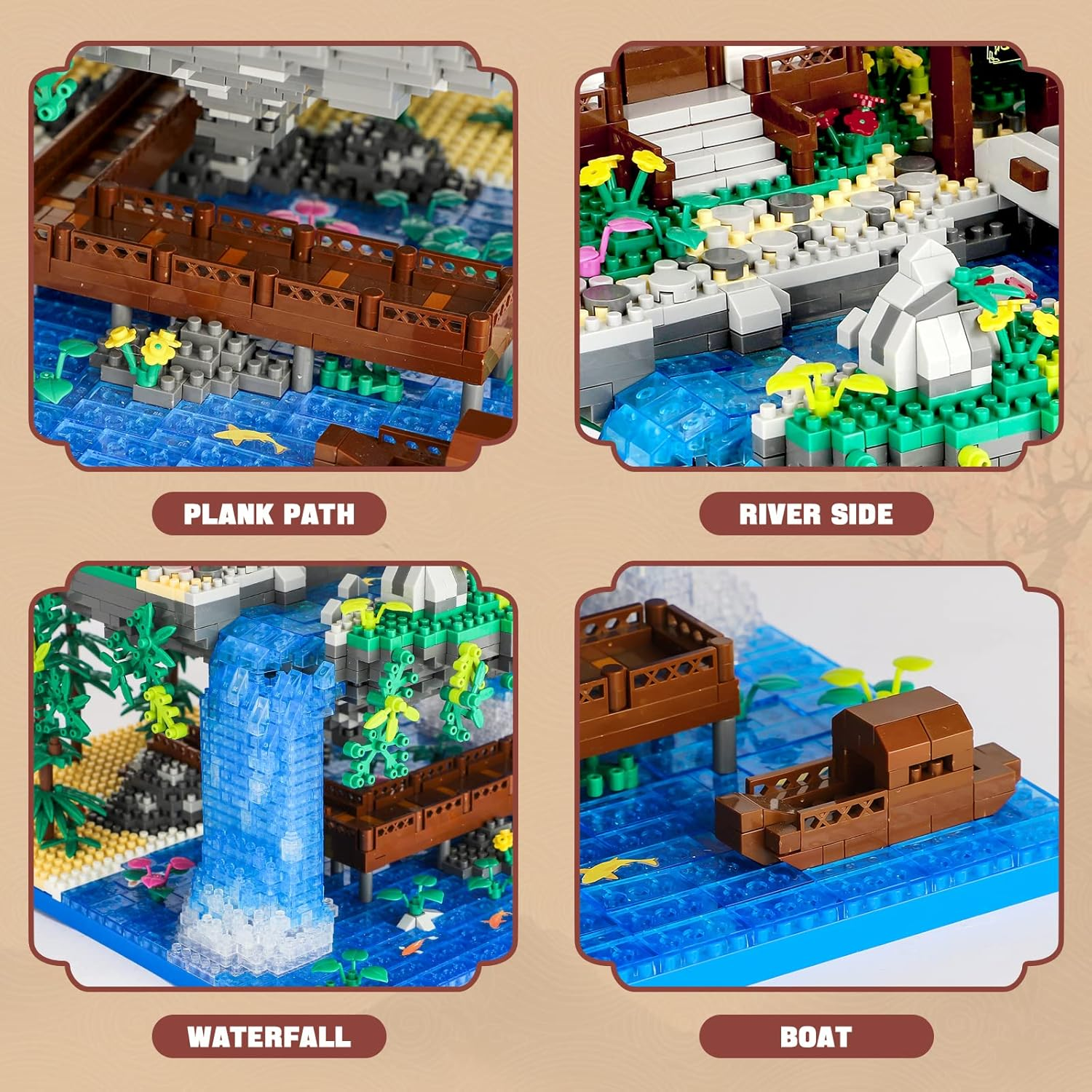 Peach Blossom Pond Micro Mini Building Blocks Set for Adults and Kids, Chinese Architecture Cherry Bonsai Gift Toys with String Lights, Japanese Sakura Tree House Micro Bricks (3320PCS) image number 1