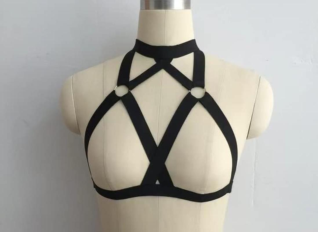 Worldtree Women Harness Elastic Band Lingerie Cupless Cage Bra Punk Gothic Hollow Out Rave Dance Apparel Black