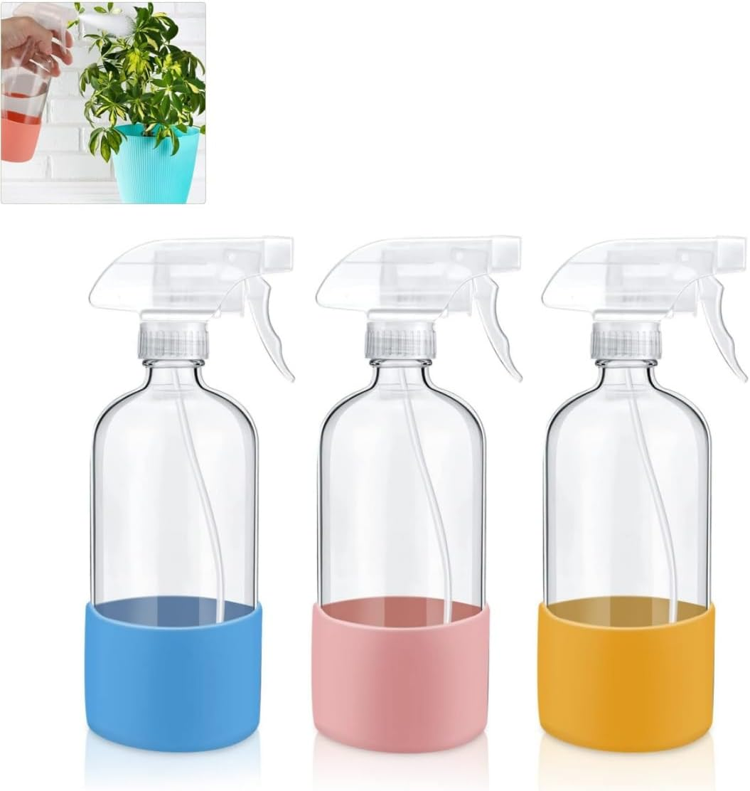 3 Pcs Glass Spray Bottles, Protected by Silicone Sleeves - Refillable to 17 Ounces, Square Adjustable Nozzles for Cleaning Solutions, Essential Oils, Hair Styling (Blue, Pink, Yellow) image number 3