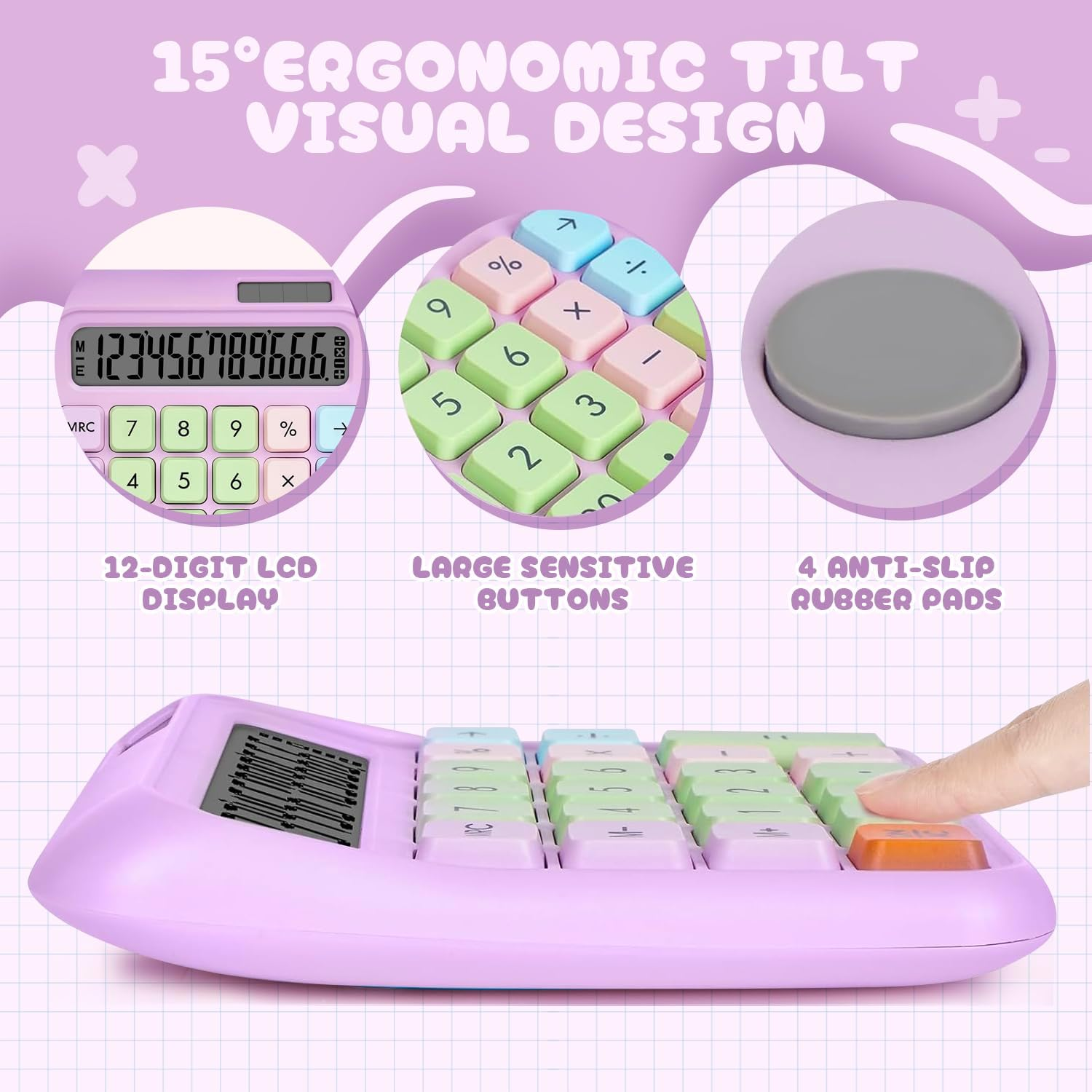 Sonicefit Mechanical Switch Basic Calculator 12 Digits, Solar/Battery Dual Power, Tactile Keys & Large LCD Display, Cute Aesthetic Desktop Calculators for Office School Business Home (Purple) - Blue image number 2