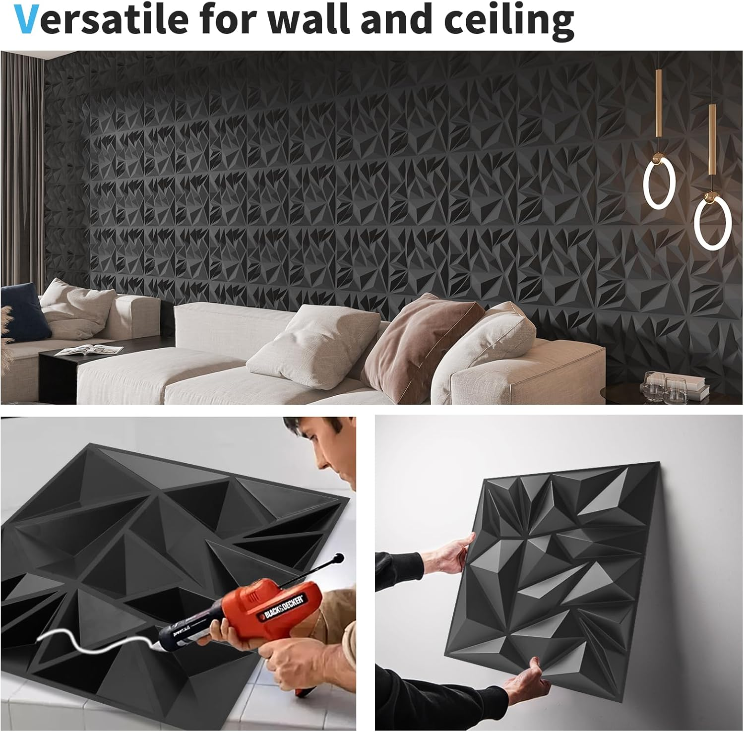 Art3D 33-Pack 3D Wall Panels for Interior Wall Decor, Modern Diamond Textured Accent Wall Paneling for Gaming Living Room TV Wall Background - 30 X 30 CM, Black image number 3