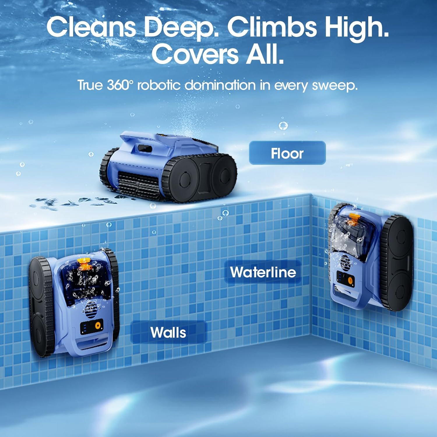 [2026 Release] Automatic Robotic Pool Vacuum for Inground & above Ground Pools, Wall Climbing Pool Vacuum Cleaner, Cleans Floor, Walls, Waterline, Drain & Skimmer up to 2150 Sq. Ft., 190 Min image number 1