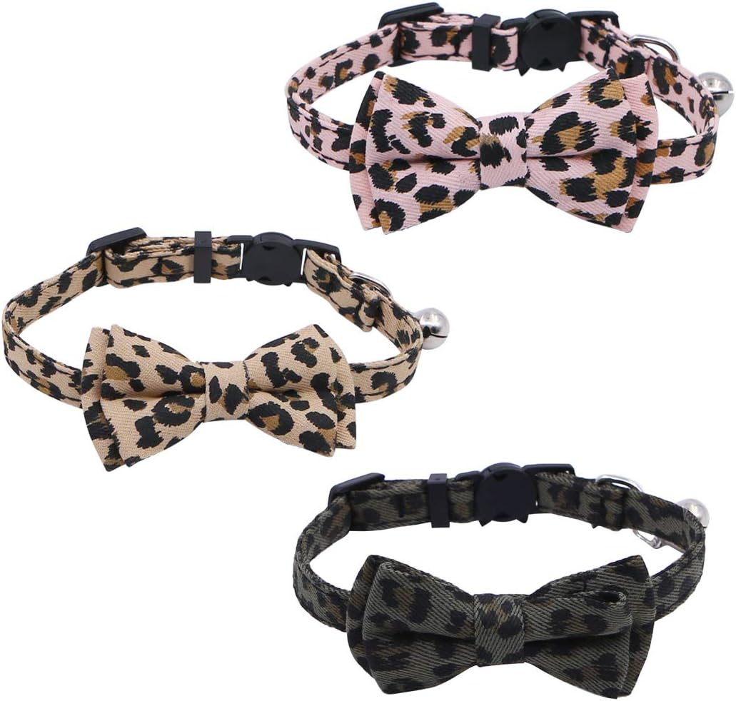 Boerni 3 Pack Cat Collars, Cute Kitten Collars, Pet Bow Tie, Leopard Print, Adjustable, Anti-Loss Bell, 20-23Cm, Pink image number 5