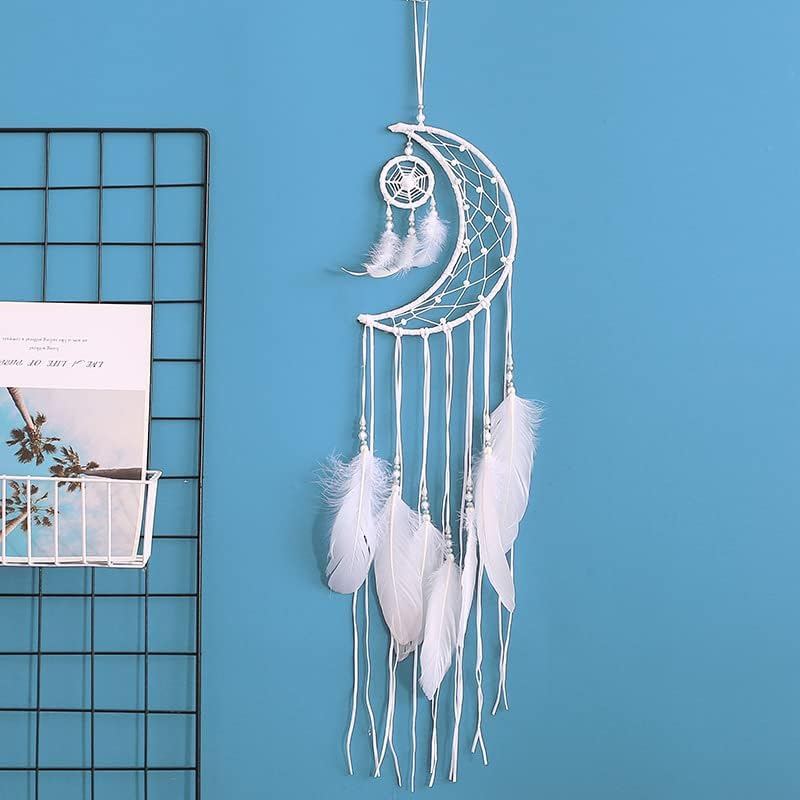 AIMALL 1PC Moon Crescent Feather Dream Catcher Wall Hanging Tapestry, 29.5 X 7.9 Inches, Woven Nursery Craft with Natural Wood, Lace, Cotton String