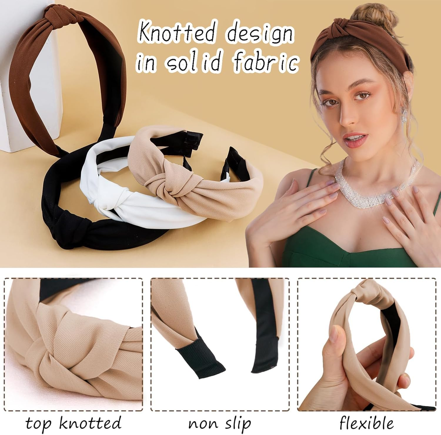 TELAIN Pack of 4 Hair Bands for Women, Top Knot Headbands for Girls, Hair Bands for Women, Plain Turban Wide Hair Bands in Black, White, Beige image number 1