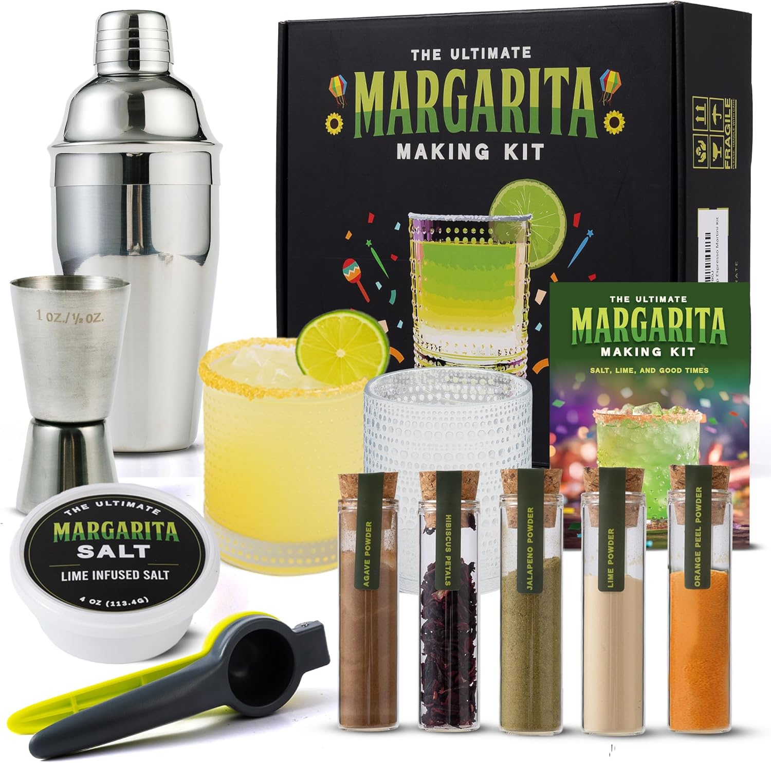 Margarita Kit Gift Set - 5 Botanicals - 2 Glasses - Stainless Steel Shaker & Jigger - Citrus Squeezer - Lime Infused Salt - Dried Lime - Recipe Book - Infusion Cocktail Kit - Basket Gift Set for Women image number 5