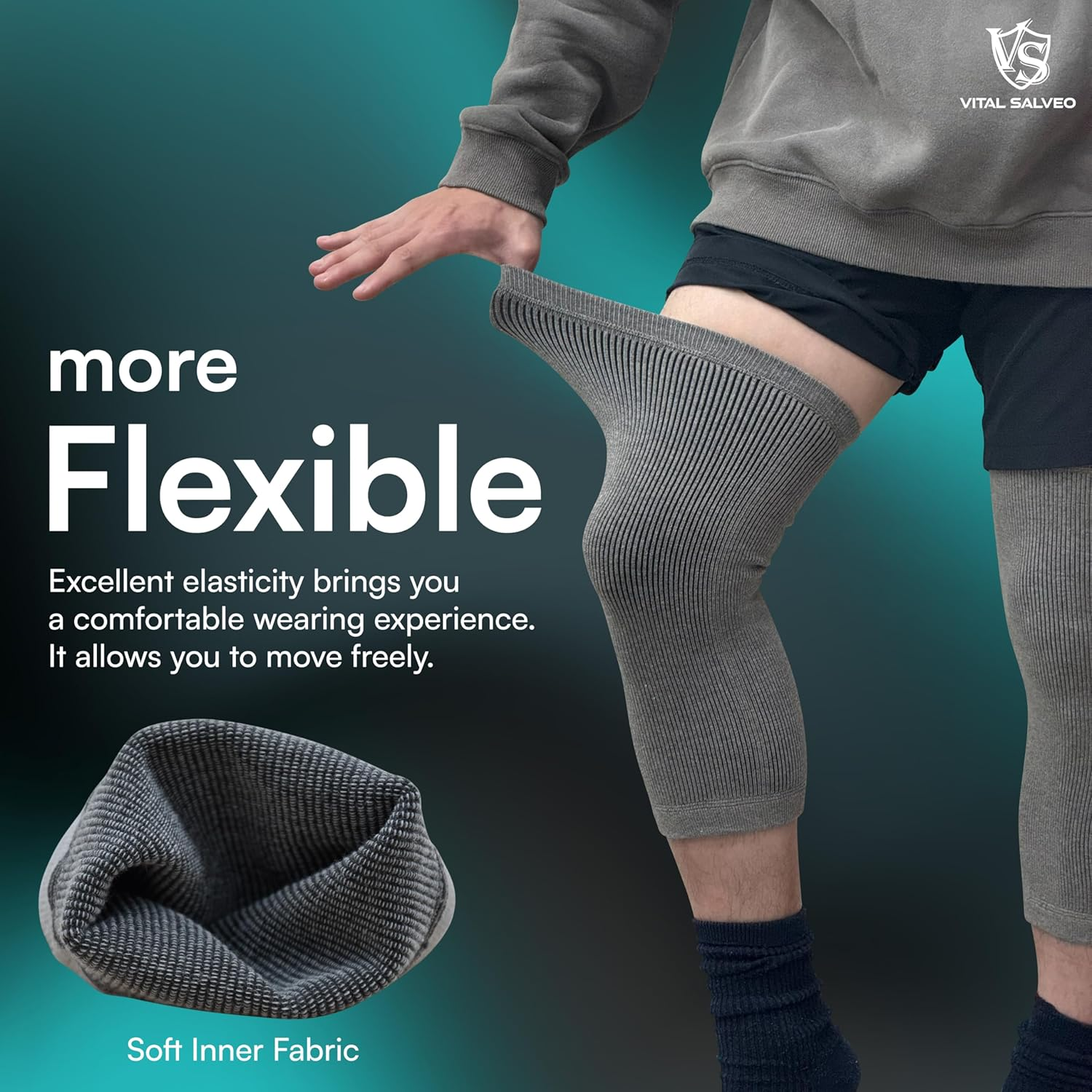 Vital Salveo-Charcoal Knee Warmers-For Men and Women, Soft Breathable Elastic Knees Sleeves, Comfortable,Joint Pain Relief for Arthritis,Suitable for Day and Night-Light Grey Large Fit (1Pair) image number 4