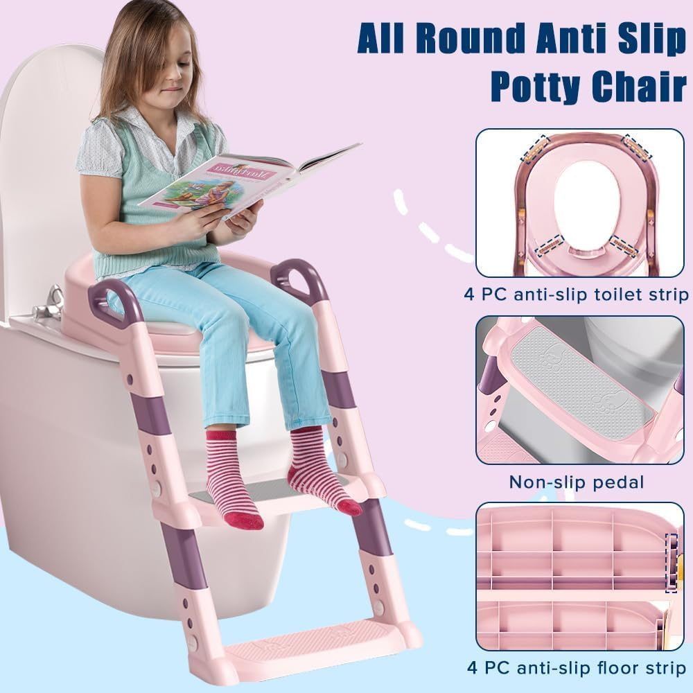 Yakiter Potty Training Seats, Kids Toilet Training Seat with Step Stool, Adjustable Height Ladder Guard Handle Soft Cushion White, Step Stool 2 in 1 Foldable Chair for Baby Toddler Boys Girls (Pink) image number 3