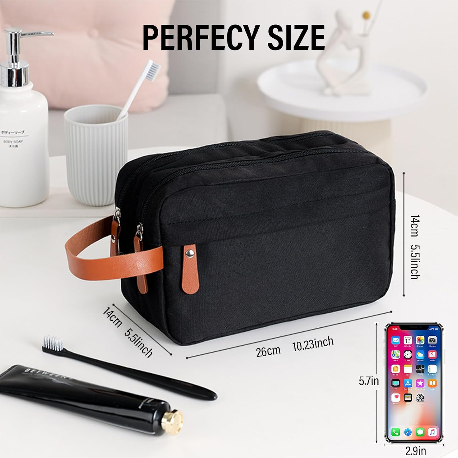 Viiotu Toiletry Bags, Wash Bag, Shower Bag, Mens Toiletry Bags, Ideal for Travel. Spacious Storage with Multiple Zippers, 300D Durable Fabric (Black) image number 2