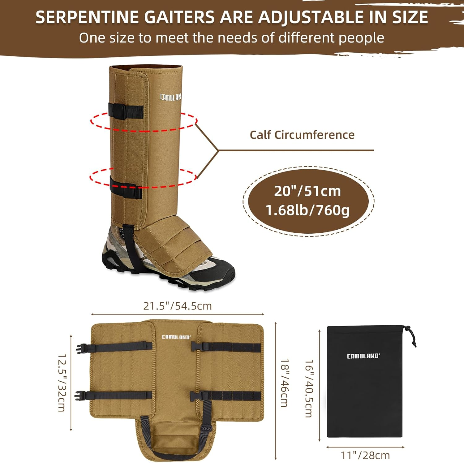 CAMULAND Snake Gaiters for Men & Women, Durable Waterproof Snake Guards for Lower Leg Protection, Adjustable Snake Bite Proof Gaiters for Hunting, Hiking, and Farm Work (Khaki) image number 2