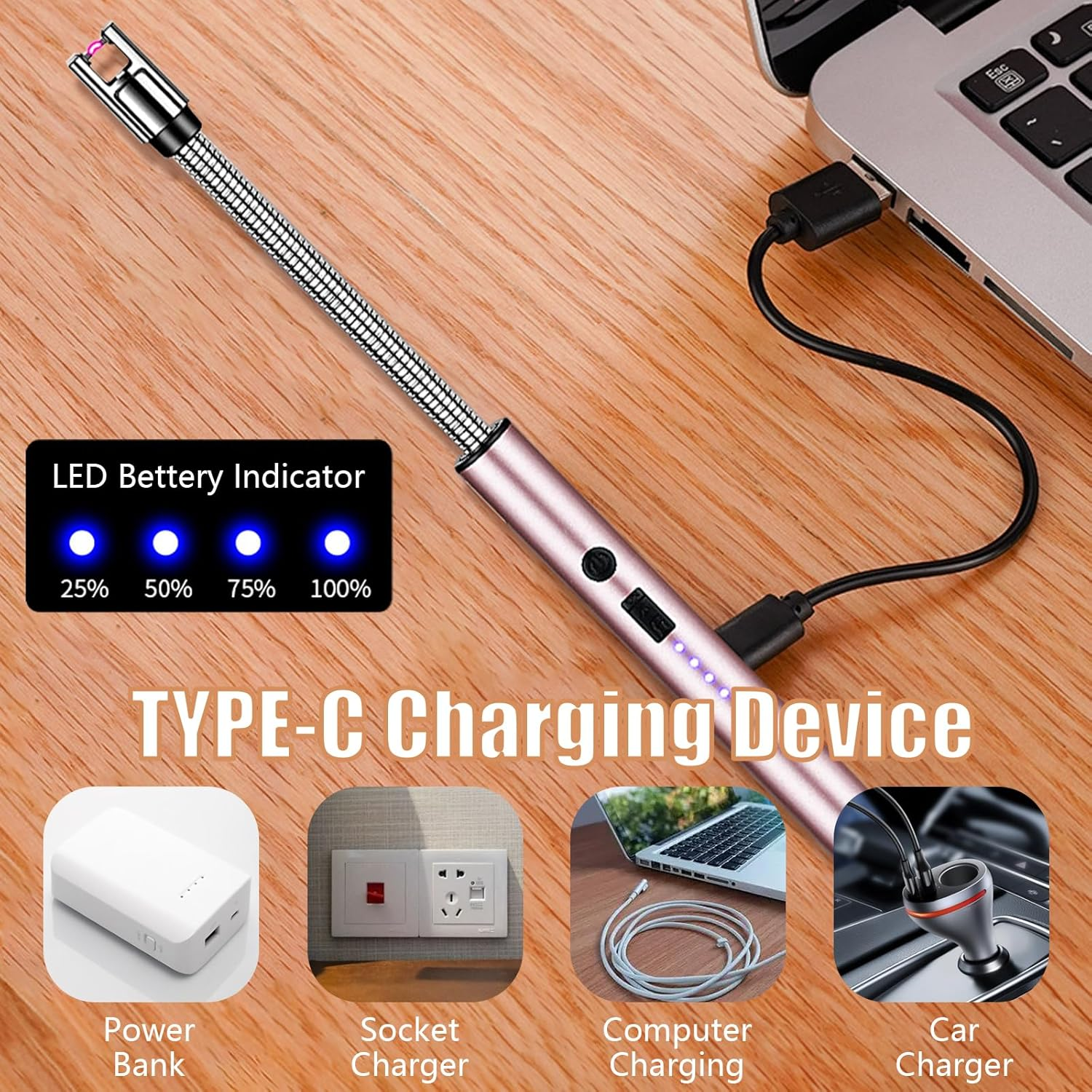 Electric Candle Lighter: USB Rechargeable Windproof Flameless with 360&deg; Flexible Neck & LED Power Display Long Lighter for Women Men as Birthday Gifts, Rose Gold - Rose Gold image number 2