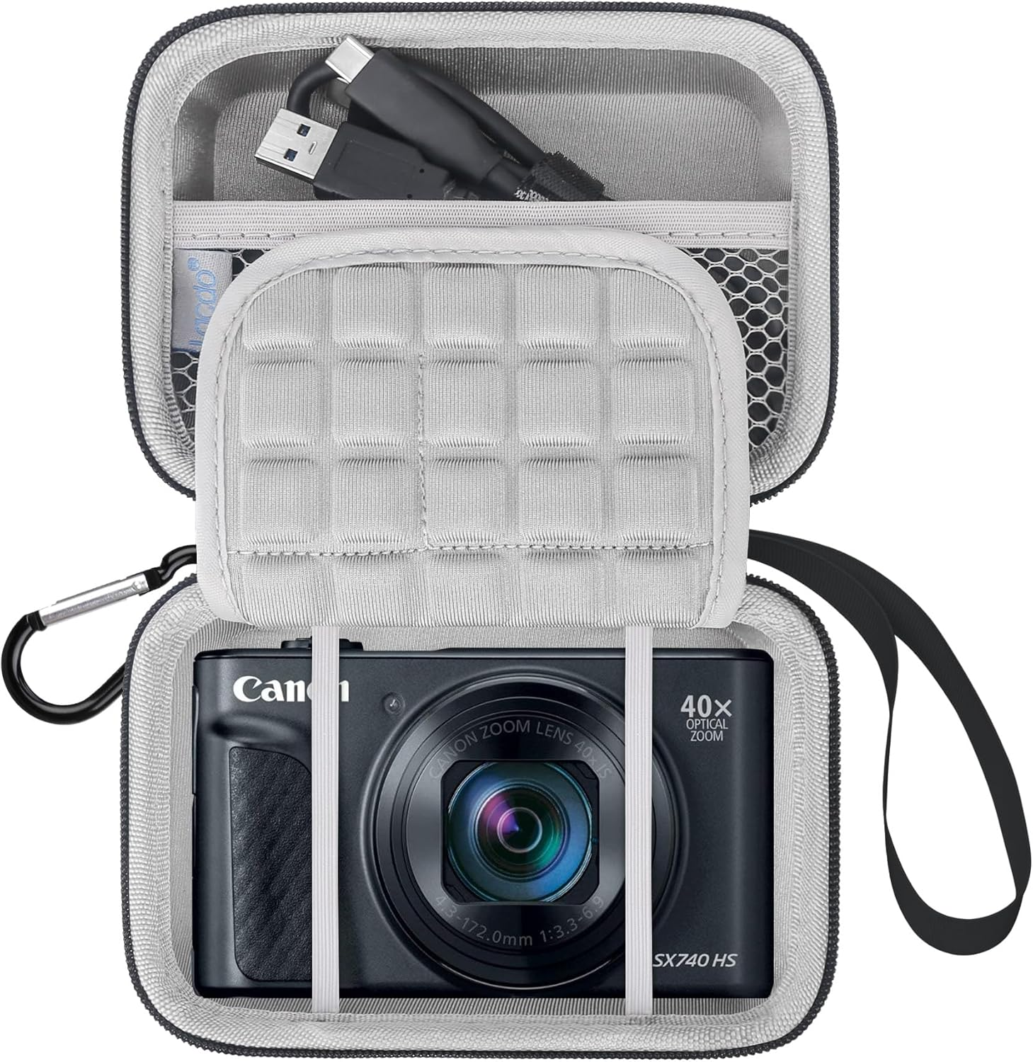 Lacdo Camera Carrying Case for Canon Powershot SX740 / SX730 / SX720 / SX620 Digital Camera, Protective Storage Trave Bag, Mesh Bag Fits Batteries, Cable, Memory Card, Card Reader, Black+Black