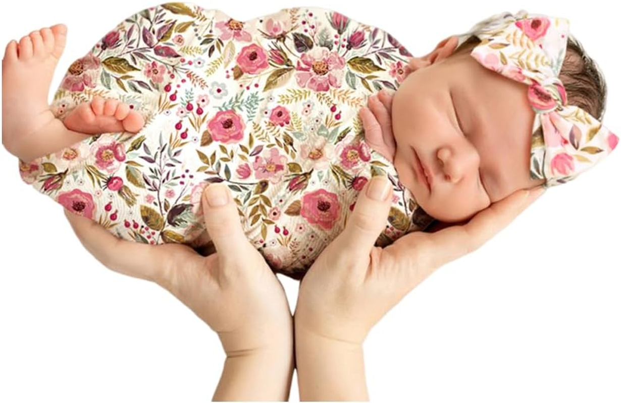 35X35Inch Infant Floral Swaddle Wrap with Headbands Set Newborn Receiving Blanket Photography Props (Purple)