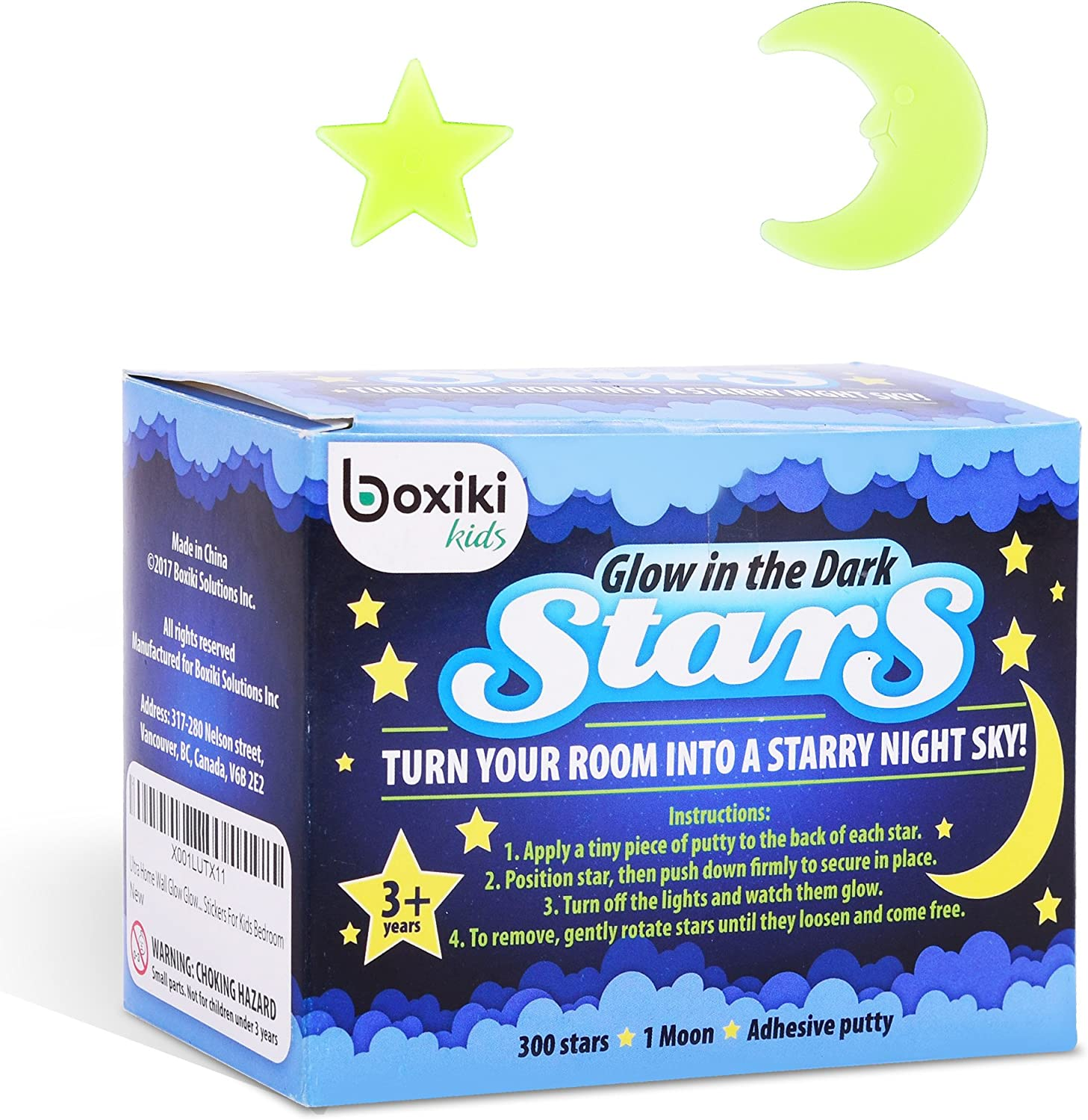 Pack of 300 Glowing Stars & Moon. Fluorescent Ceiling Stars for Kids. Glow in the Dark Set for Bedrooms and Nurseries by Boxiki Kids image number 2