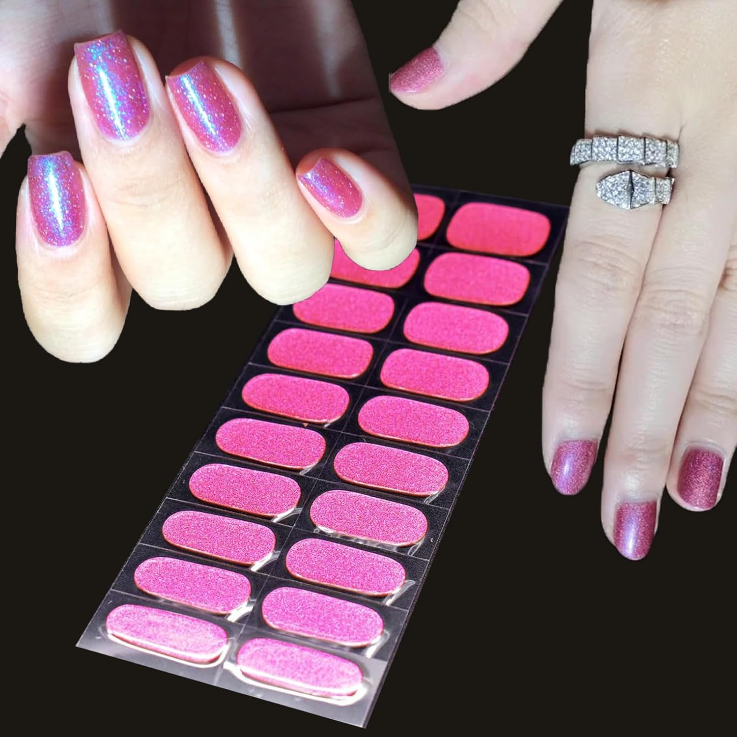 LIFOOST Glitter Gel Nail Strips Clear Nail Art Stickers 20 Extra-Long Gold Sequins Gel Manicure Wraps