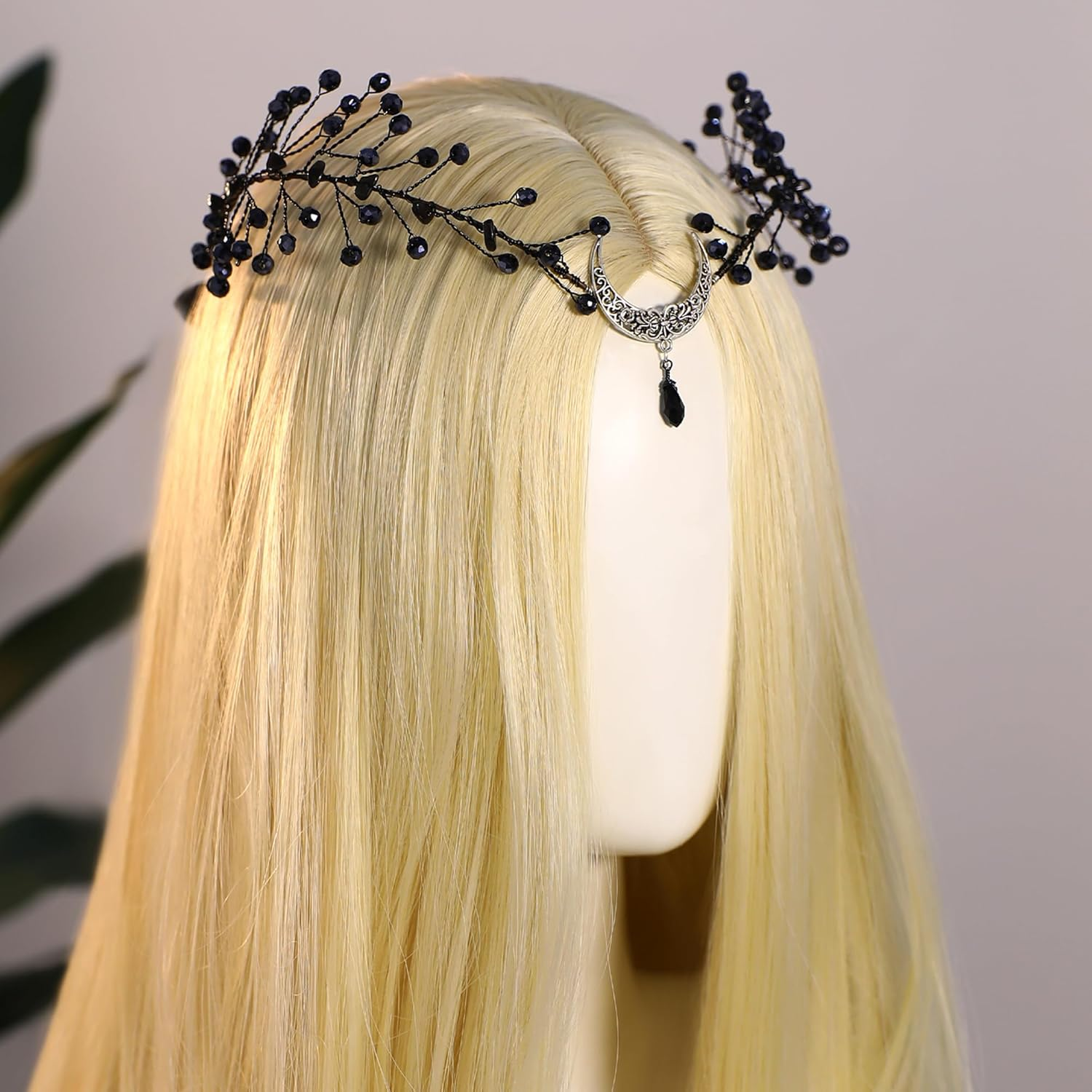 MOSTORY Moon Fairy Crown Tiara for Women, Gothic Black Crystal Elf Crown Headband for Renfaire Halloween Cosplay image number 3