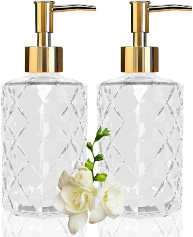 2 Pack 12Oz Diamond Hand Soap Dispenser, Clear Glass Soap Dispenser with Gold Pump, Refillable Lotion Dispenser & Dish Soap Dispenser, Bathroom Soap Dispenser for Liquid, Shower Gel image number 5