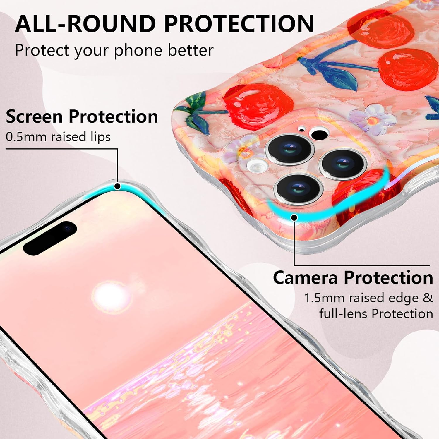Tcaraersing for Iphone 14 Pro 6.1" Girly Case, Glossy Colorful Retro Oil Painting with Cherry Pattern, Cute Curly Wave Frame Exquisite Soft TPU Mobile Cover for Girls Women image number 2