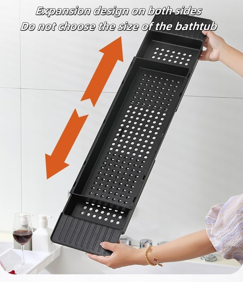 Expandable Drain Bath Shelf Caddy Tray,Clear Plastic Anti-Slip Bath Tub Shelf Caddy Tray,Multifunctional Plastic Bathtub Tray Bathtub Storage Rack for Candle Towel, Book, Wine, Phone, Shower (Black) image number 5