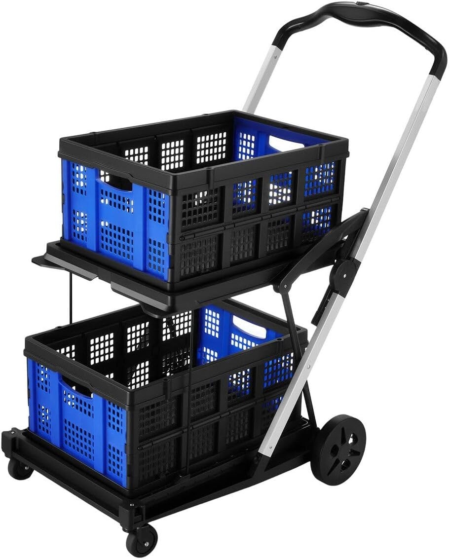 Shopping Cart with 2 Storage Crates Multi Use Two Tier Collapsible Cart with 360&deg; Rolling Swivel Wheels Folding Trolley for Shopping Picnic and Office image number 2