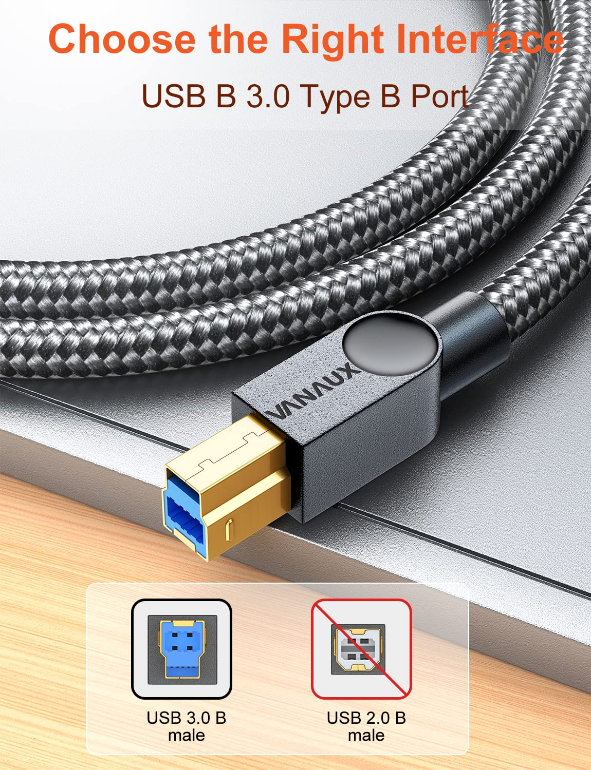 VANAUX USB 3.0 Cable B Male to USB a Data Cable USB 3 Type B Cord Compatible with Docking Station, External Hard Drivers, Scanner and More-Black (33Feet/10M) - 33Feet/10M image number 2