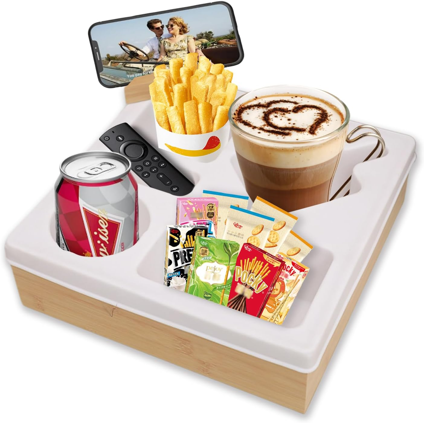 Uandhome Couch Cup Holder Tray,Handy Silicone Bamboo Couch Caddy with Rotatable Phone Holder for Bed Car Seat Organizer, Waterproof Anti-Spill Sofa Cup Holder for Snacks Beverage Remote(White)