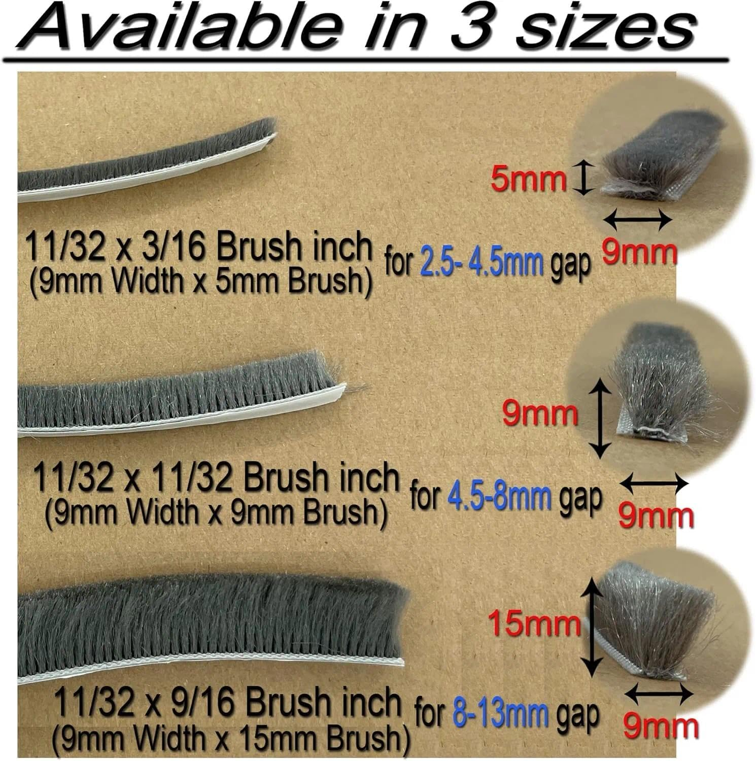 Weather Strip Door Seal Strip Brush Weather Stripping Sliding Door Seal, Self-Adhesive Waterproof Draft Stopper for Windows and Doors (16Ft X 11/32 Backing X 9/16 Brush Inch, Black) image number 4