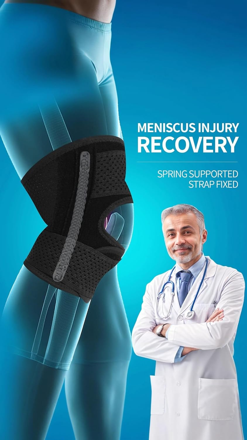 Honwor Breathable Knee Brace with Side Stabilizers - Relief for Meniscus Tear, ACL, Arthritis, and Joint Pain. Adjustable Support for Sports Injuries - Men and Women One Pcs|Black|Right. image number 3