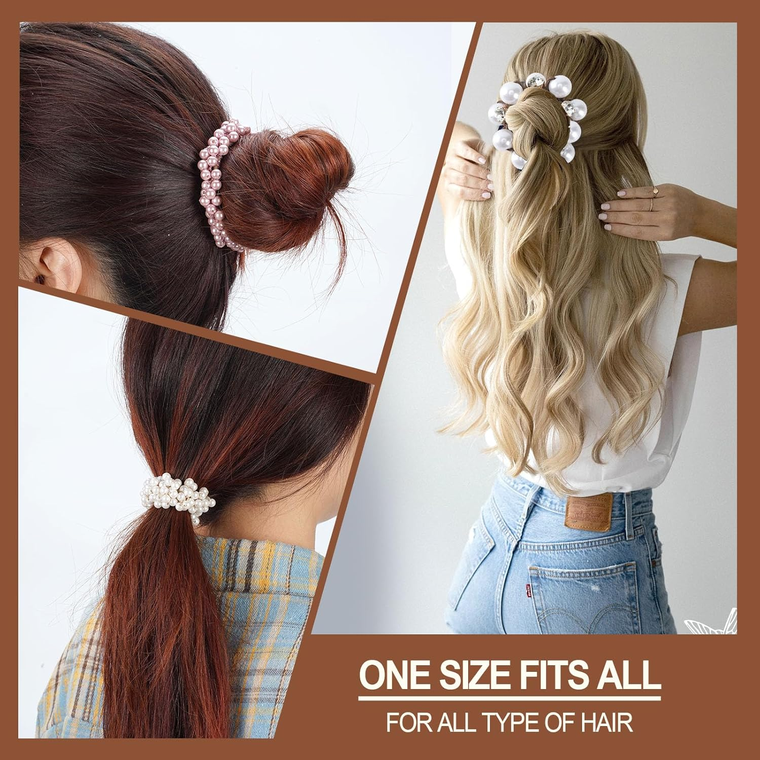 OT-NVWOZR Pack of 6 Women'S Hair Bobbles, Pearl Hair Accessories, Crystal Scrunchies, Elastic Ponytail Holder, Strong Hair Bands, Stretchy Headbands, Birthday for Women and Girls image number 5