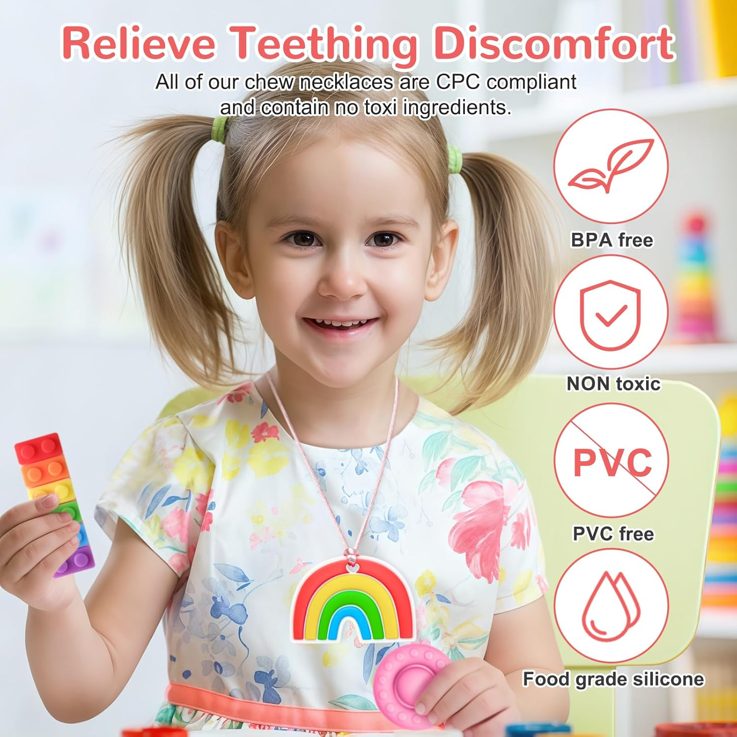 Chew Necklaces for Adults and Babies - Rainbow Building Blocks 5 Piece Set, Bpa-Free Silicone Sensory Chew Necklaces for Anxiety Relief, Easy to Hold, with Massage Blocks to Relieve Teething Pain image number 5