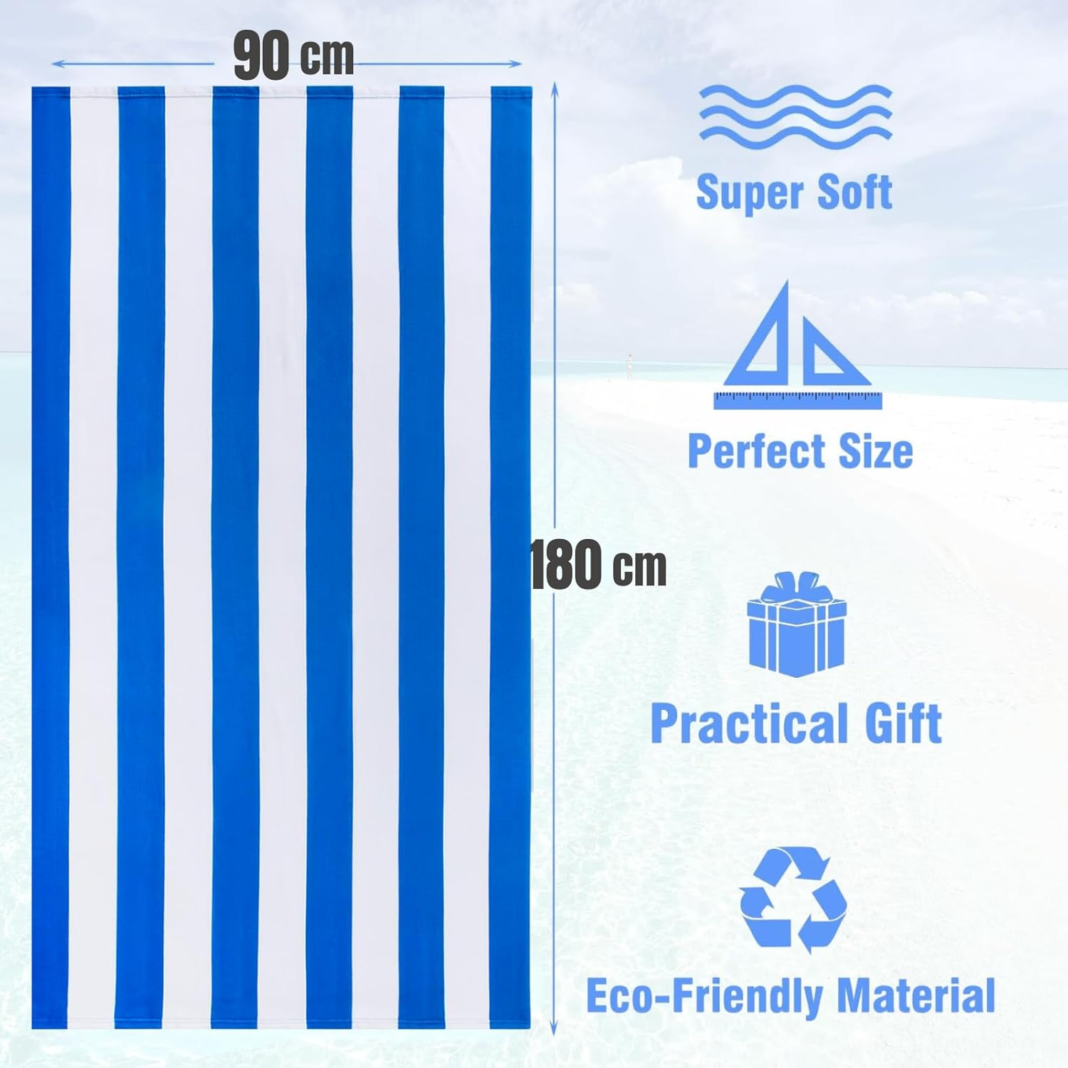 Microfibre Oversized Beach Towel - JOMWEN 180 &times; 90 Cm Quick Dry Striped Pool Towel, Beach Accessories, Extra Large Soft Lightweight Compact Beach Towels with Net Bag for Men Women (Blue, 1 Pack) image number 2