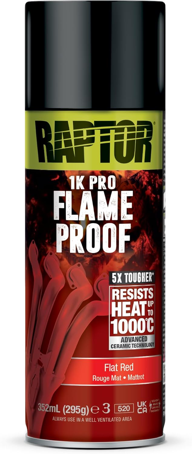 U-POL Raptor Flameproof, Fireproof, Heat Resistant up to 1000 &deg;C, Thermal Paint Spray, Protection for Exhaust, Engine & Exhaust Manifolds from Rust, Quick Drying (Flat Red/Matte Red, 352 Ml)