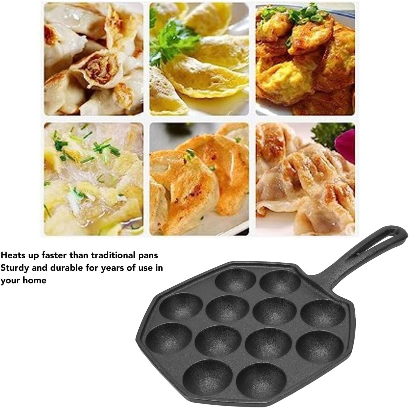 Omabeta 1PCS Cast Iron Takoyaki Pan with 12 Grid Skillet, 18Cm/7.09In Dia. Nonstick Takoyaki Maker with Long Handle for Cooking Omelets Bacon Burgers Pancakes Breakfast,Octopus Meatballs Frying Pan image number 3