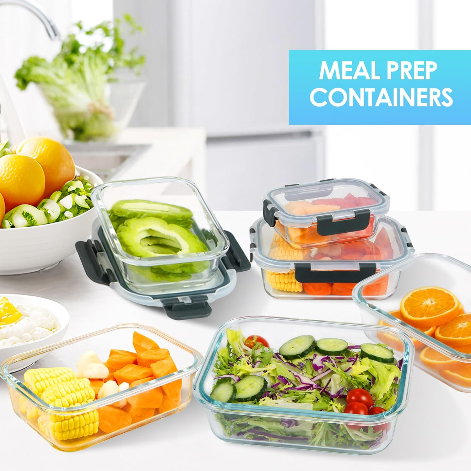 Welbellete 10 Pack Glass Food Storage Containers with Snap Lids (1040ML & 370ML) - Airtight Glass Meal Prep Containers, Leakproof Glass Lunch Containers for Microwave, Oven, Freezer and Dishwasher image number 2