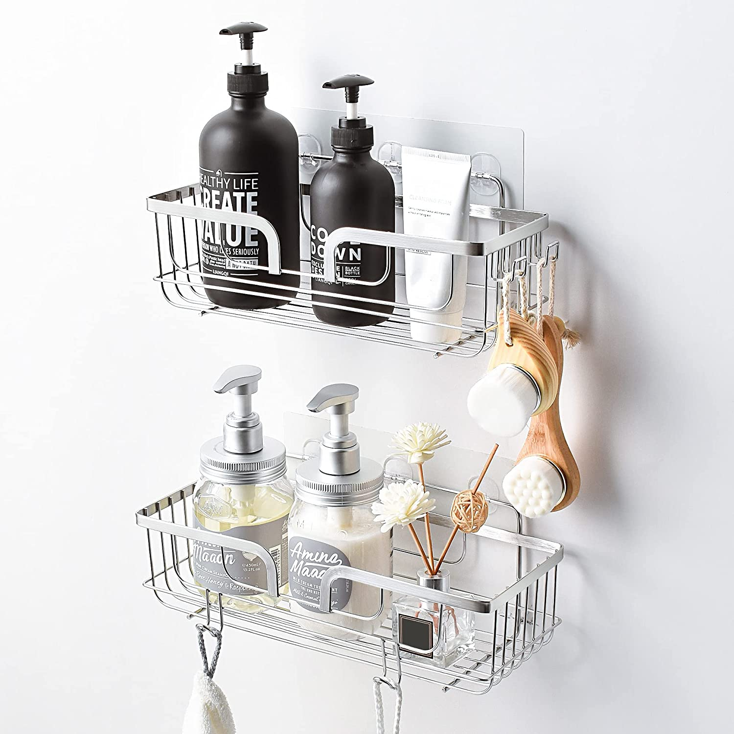 YOHOM Adhesive Shower Caddy Shampoo Holder Organizer with Hooks Shower Wall Shelf Storage Basket Stainless Steel 2 Pack Silver