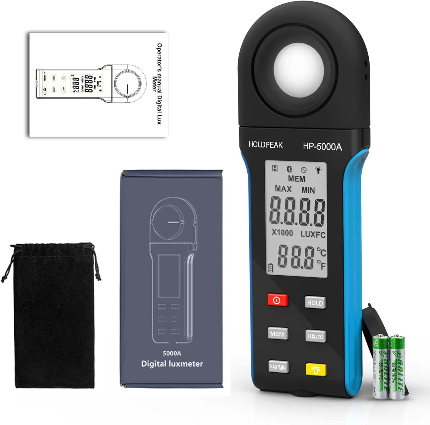 Digital Light Meter, 1-400000Lux Illuminance Meter with Large LCD Screen Handheld Ambient Temperature Measurer, Lumen Meter for Plants, Photography Lab, Classroom, Bedroom, 5000A, HOLDPEAK image number 1