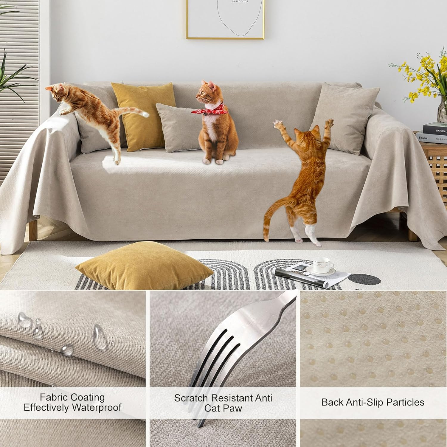 STACYPIK Waterproof Beige Sofa Cushion Covers Dog Couch Cover for 3-4 Cushion Couch Water Resistant Slipcover Furniture Protector Non-Slip Pet Protector Cover Leak Proof Couch Cover-71X134In image number 2