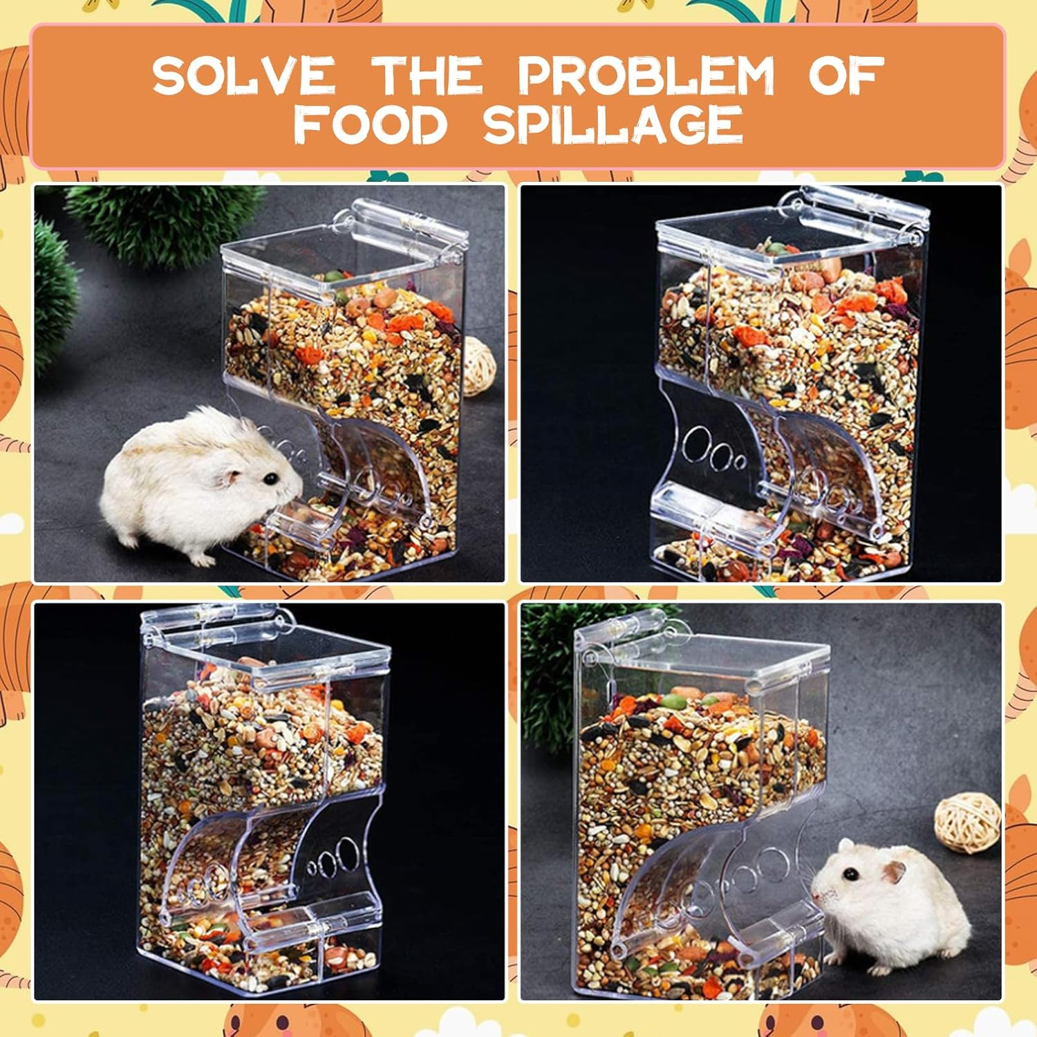 SUSOO 400ML Hamster Food Bowl with Leak Proof Automatic Feeding Function for Small Animals Cage Accessories,Acrylic Auto Storage Food Dish Dispenser for Dwarf,Guinea Pig,Hedgehog,Rabbit,Parrot Birds