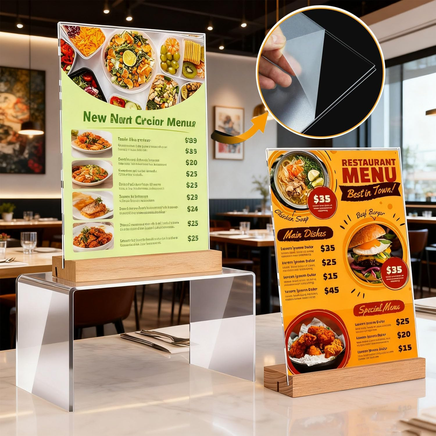 3 Pack A5 Acrylic Sign Holder with Wood Base,Clear Table Display Stand,L/T Shape Vertical & Slant Back Display,Double-Sided Tabletop Display Stand for Wedding, Restaurant, Store, Office, Hotel image number 2