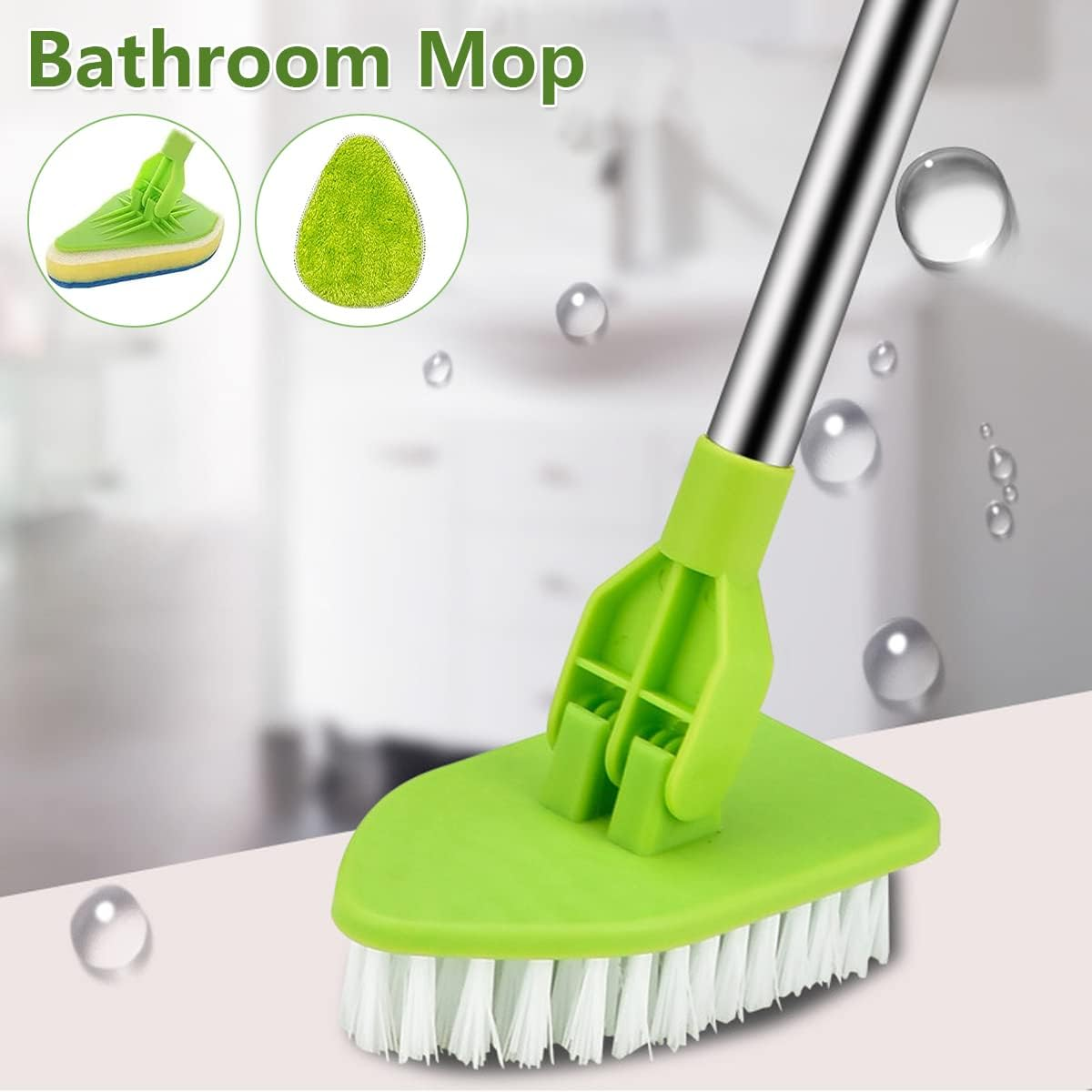 Shower Cleaning Brush, 3 in 1 Scrub Cleaning Brush with Extendable Long Handle Rotatable Cleaning Mop Tub Tile Scrubber Brush with 1 Stiff Bristles and 1 Sponge Brush Head for Bathroom Tub Shower