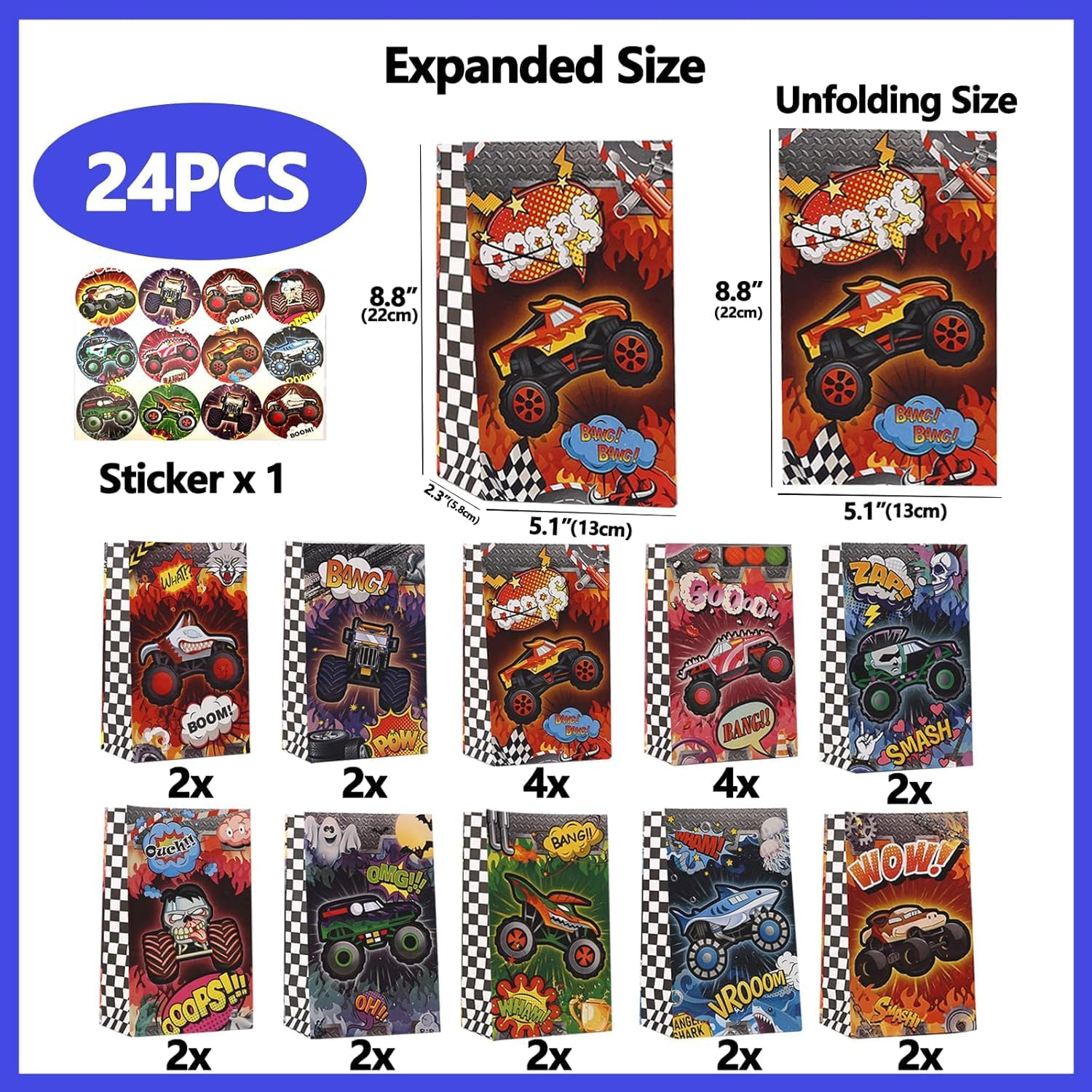 CZWXOXO 24Pcs Monster Truck Goodie Bags Monster Truck Party Favors Monster Truck Treat Bags Monster Truck Birthday Party Supplies for Boys Monster Truck Party Decorations - Multicolor image number 2
