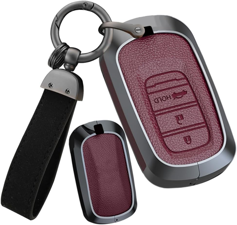 Ontto 3 Buttons Leather Key Fob Cover Fit for Honda Civic 11Th 12Th Gen Accord Vezel Freed Pilot CRV 2023 2024 Keychain Accessories Zinc Alloy Smart Key Case Shell Holder Bag Keyring Red B - A-Black image number 5