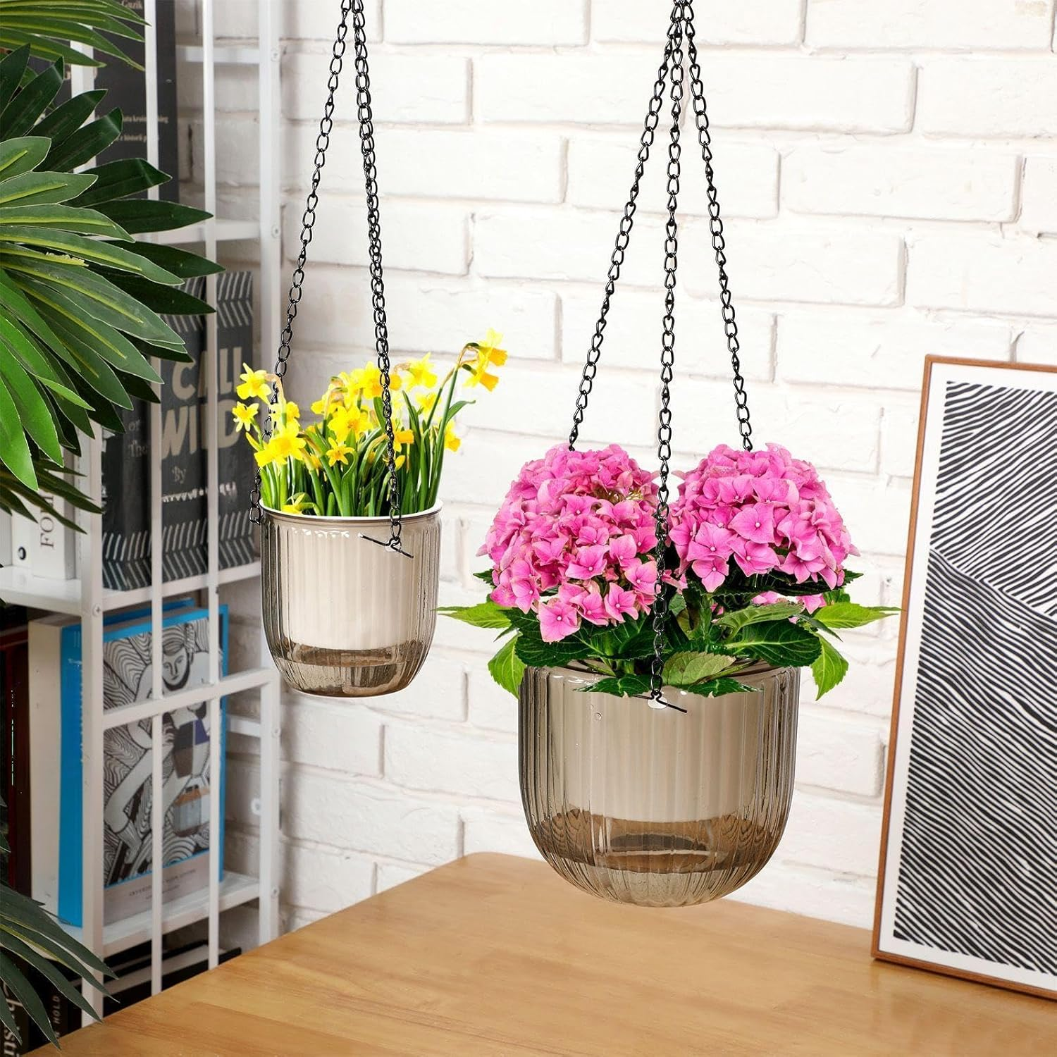 Maxcheck 4 Pcs Self Watering Hanging Planters Indoor Gift 6.5'' 4.5'' Hanging Flower Pots Baskets Outdoor Self Watering Plant with 3Hooks Drainage Holes for Home(Emerald,Grey) image number 2