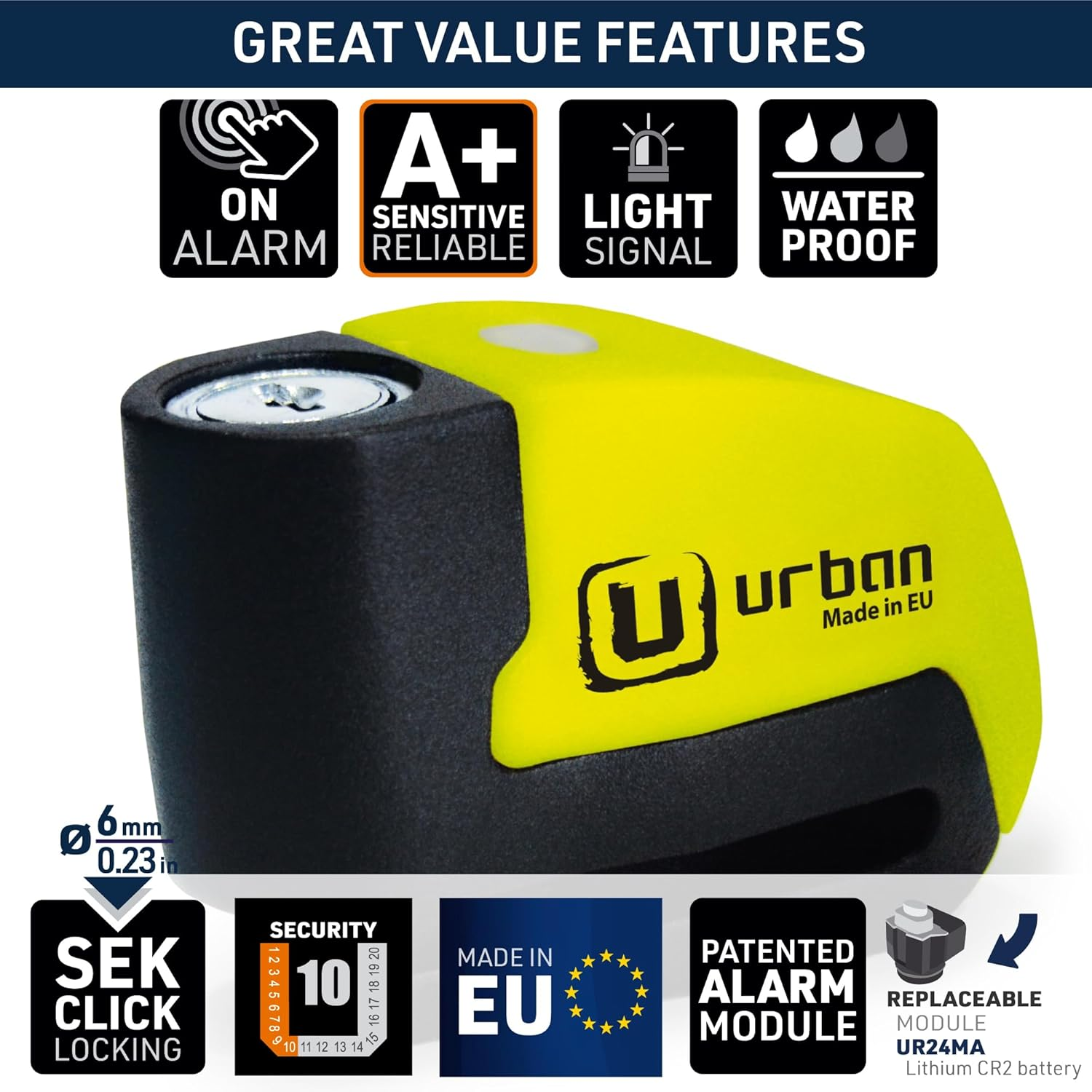 Urban UR6 Alarm Disc Lock 120Db On/Off, Warning Function A+ Sensitivity, Replaceable Alarm Module, Waterproof, Longlife Lithium Battery, Electronic Reminder, Universal Motorbikes, Bicycles, Scooters image number 4