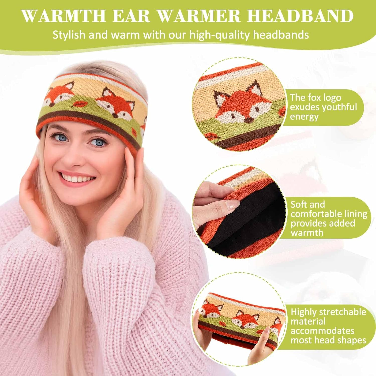 Xuniea Women Wool Ear Warmer Headband, Knitted Cute Fox Multicolored One-Size Crochet Head Wraps Thick Fleece Lining Hair Bands for Outdoor Sports image number 6
