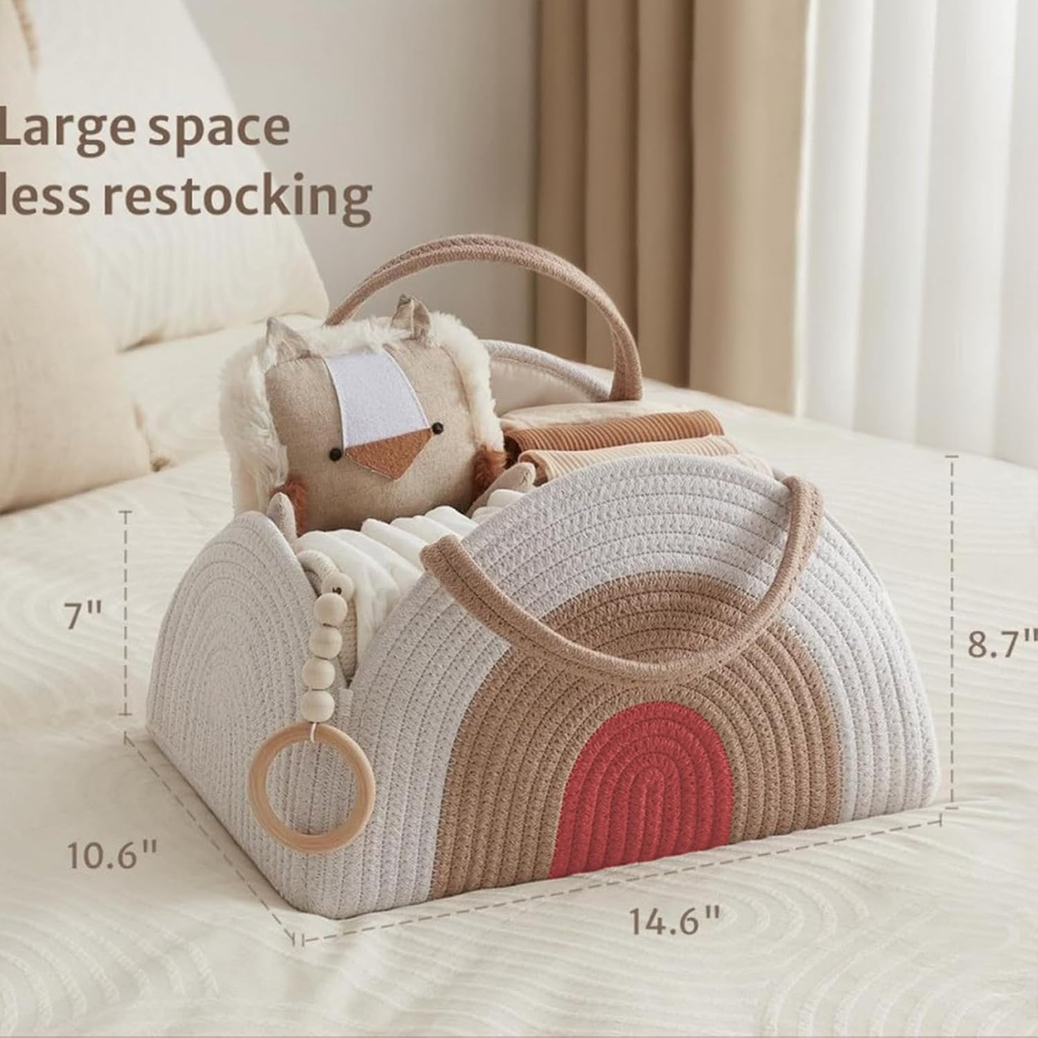 Baby Diaper Caddy Organizer, Cotton Rope Nursery Storage Basket, Large Baby Shower Caddy for Newborn Boys and Girls, Baby Shower List, Earthy Rainbow image number 5