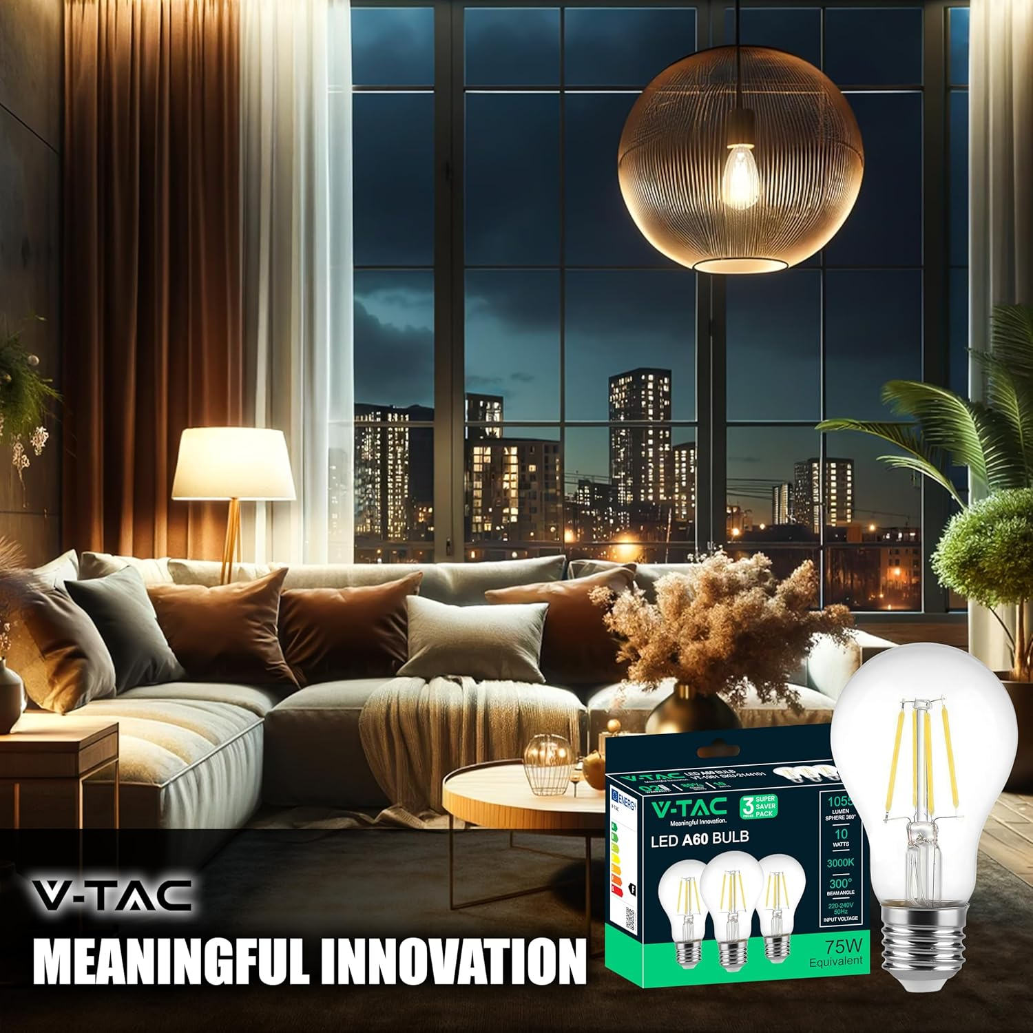 V-TAC 3 X LED Filament Bulbs E27-10W (75W Equivalent) A60-1055 Lumen &ndash; Vintage Glass LED Light Bulb &ndash; Maximum Efficiency and Energy Saving &ndash; 3000 K Warm White image number 1