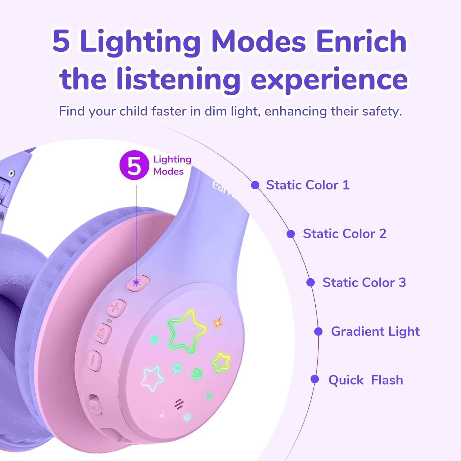 Earfun K4 Kids Bluetooth Headphones Wireless with LED Lights, 74/85/94Dba Volume Limited, Built-In Mic, 90H Playtime, Bluetooth 5.4 over Ear Headphones for Ipad/Pc/Tablet/School, Violet - Blue image number 7