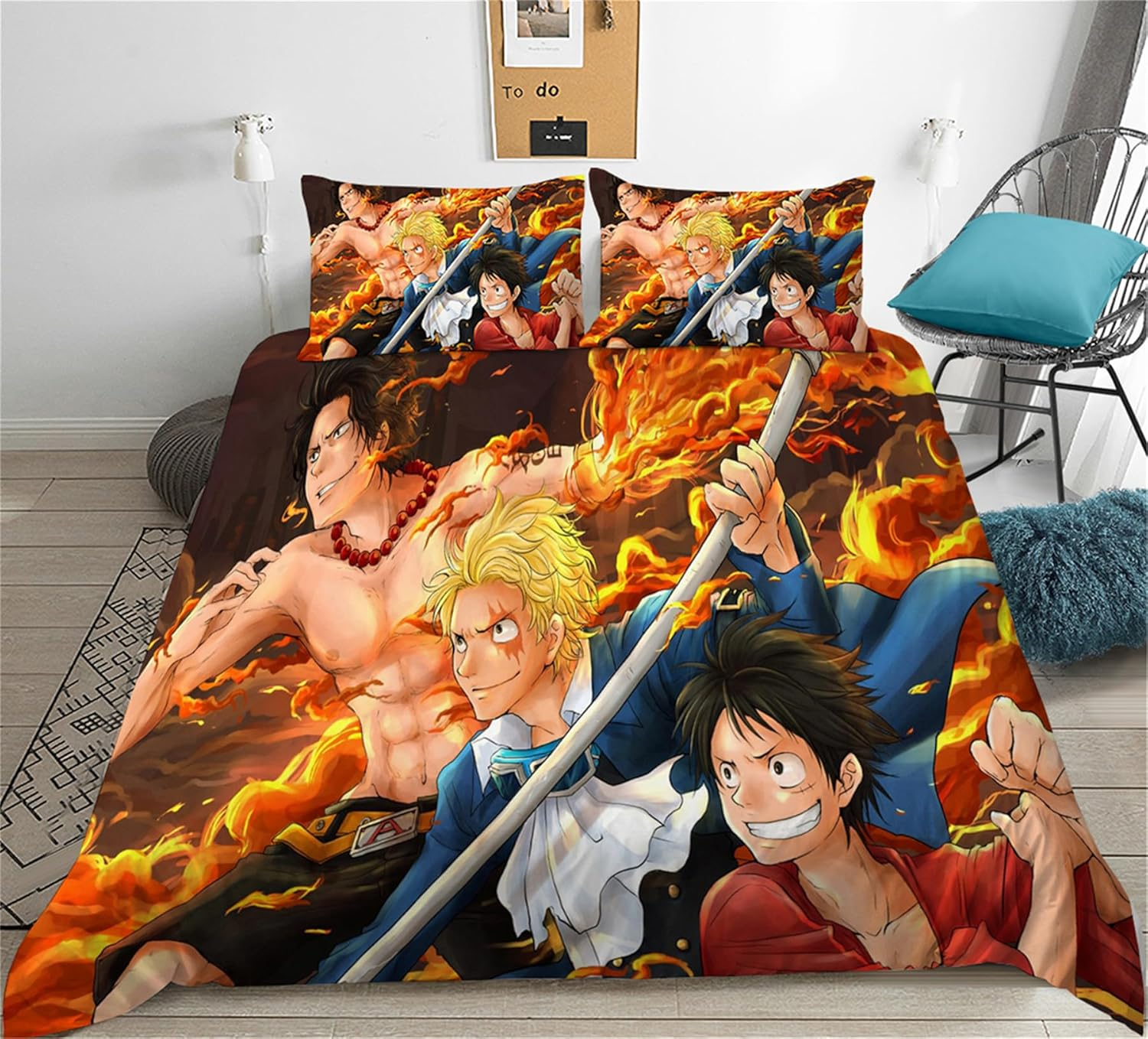 Kids 3 Pieces Bedding Duvet Cover Set Anime One Piece Quilt Cover Queen Size Lightweight Duvet Cover for Bedroom